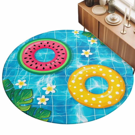 Round Area Rug 3ft Summer Beach Swimming Ring Floor Carpets Indoor Floor Area Mat Stain-Proof Mat Circle Rugs for Living Room Dining Room Kitchen Bedroom, Palm Leaves Pool Sofa Throw Carpet