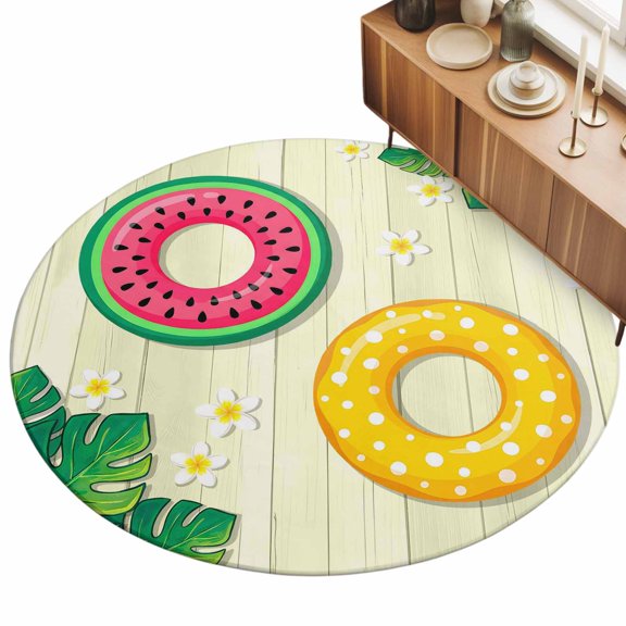 Round Area Rug 3ft Summer Beach Swimming Ring Floor Carpets Indoor Floor Area Mat Stain-Proof Mat Circle Rugs for Living Room Dining Room Kitchen Bedroom, Palm Leaves Yellow Wood Sofa Throw Carpet