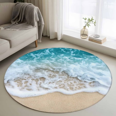 Round Area Rug 3ft, Summer Beach Teal Ocean Wave Non-Slip Non-Shedding Floor Mat, Nautical Seaside Water Ripple Washable Sturdy Carpet for Living Room Bedroom Home Decor