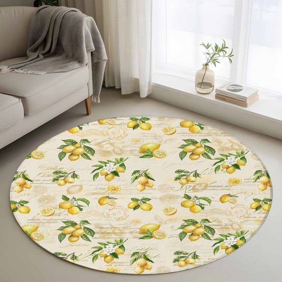 Round Area Rug 3ft,Summer Farm Lemon Washable Carpet Non-Slip Runner Accent Rugs Indoor Floor Mat for Bedroom Living Room Decor,Vintage Country Fruit on Newspaper