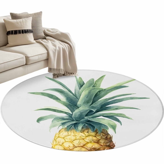 Round Area Rug - 3ft Summer Farm Watercolor Pineapple Non Slip Washable Circle Carpet Soft Large Floor Rugs for Living Room Bedroom Nursery Office