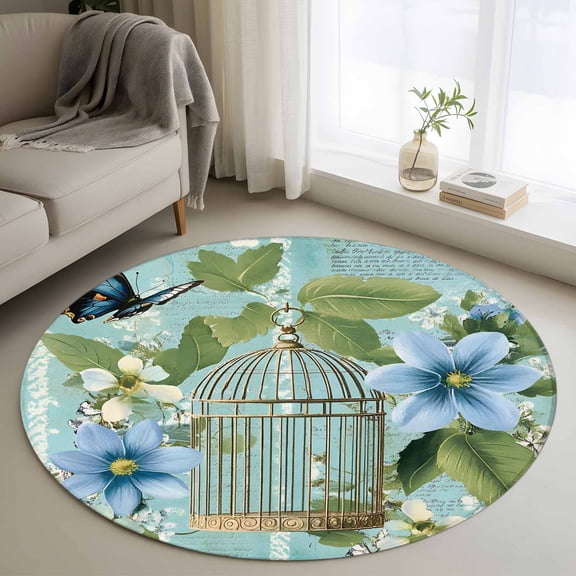 Round Area Rug 3ft, Summer Flower Leaf Birdcage Non-Slip Non-Shedding Floor Mat, Retro Watercolor Butterfly Plant Washable Sturdy Carpet for Living Room Bedroom Home Decor