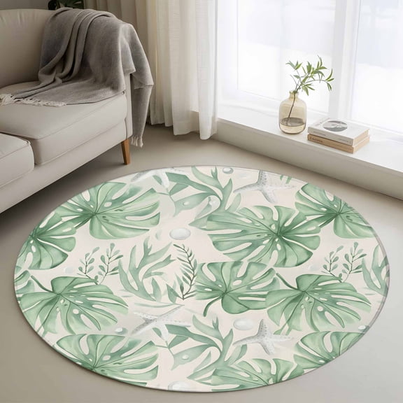 Round Area Rug 3ft,Summer Green Leaves Starfish Water Drop Washable Carpet Non-Slip Runner Accent Rugs Indoor Floor Mat for Bedroom Living Room Decor,Underwater World