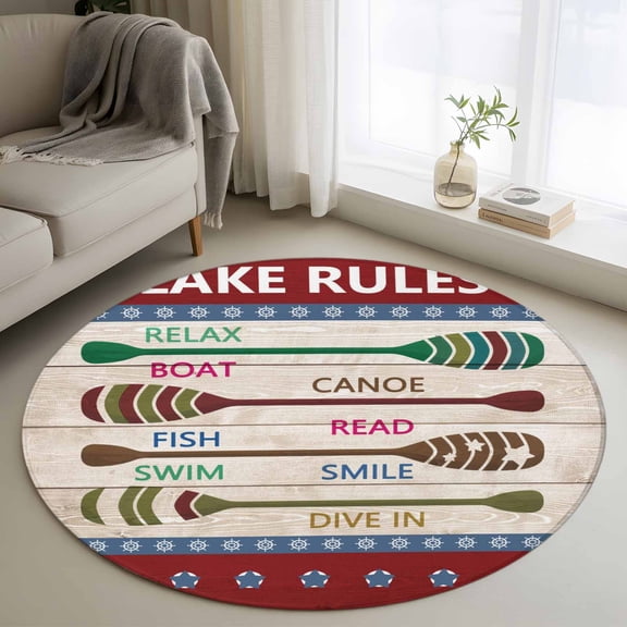 Round Area Rug 3ft, Summer Lake Rules Paddle Non-Shedding Washable Area Rug, Farm Wood Grain Red Maroon Non Slip Low-Profile Circle Rugs for Living Room, Bedroom Dining Room