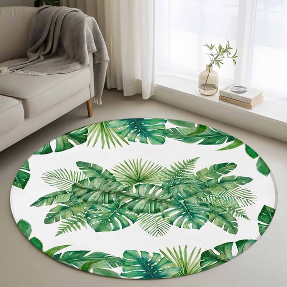 Round Area Rug 3ft, Summer Monstera Palm Leaf Non-Slip Non-Shedding Floor Mat, Green Tropical Plants Washable Sturdy Carpet for Living Room Bedroom Home Decor