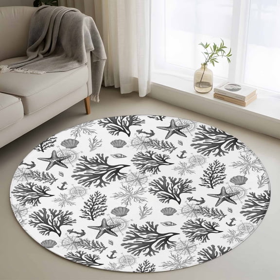 Round Area Rug 3ft, Summer Ocean Gray Coral Starfish Non-Slip Non-Shedding Floor Mat, Nautical Shell Compass Washable Sturdy Carpet for Living Room Bedroom Home Decor