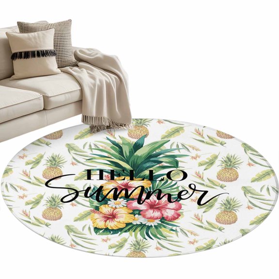 Round Area Rug - 3ft Summer Pineapple Flower Leaf Non Slip Washable Circle Carpet Soft Large Floor Rugs for Living Room Bedroom Nursery Office