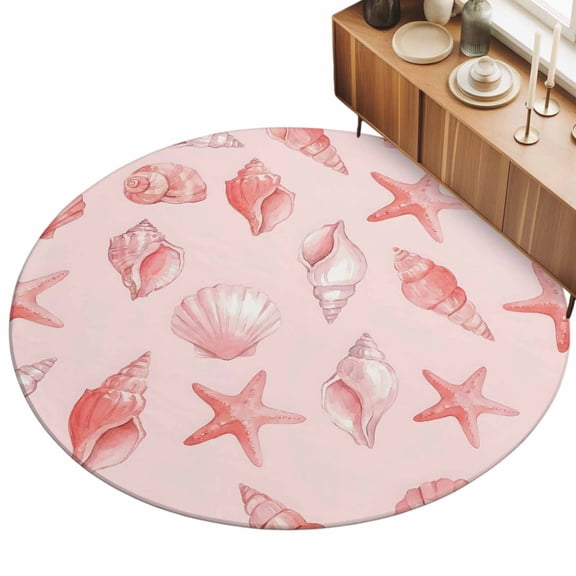 Round Area Rug - 3ft Summer Pink Conch Shell Starfish Non Slip Washable Circle Carpet Soft Large Floor Rugs for Living Room Bedroom Nursery Office