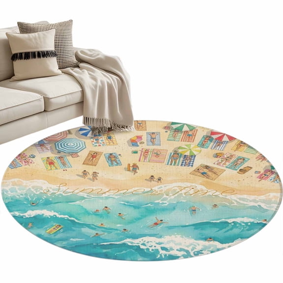 Round Area Rug - 3ft Summer Time Beach Vacation Non Slip Washable Circle Carpet Soft Large Floor Rugs for Living Room Bedroom Nursery Office