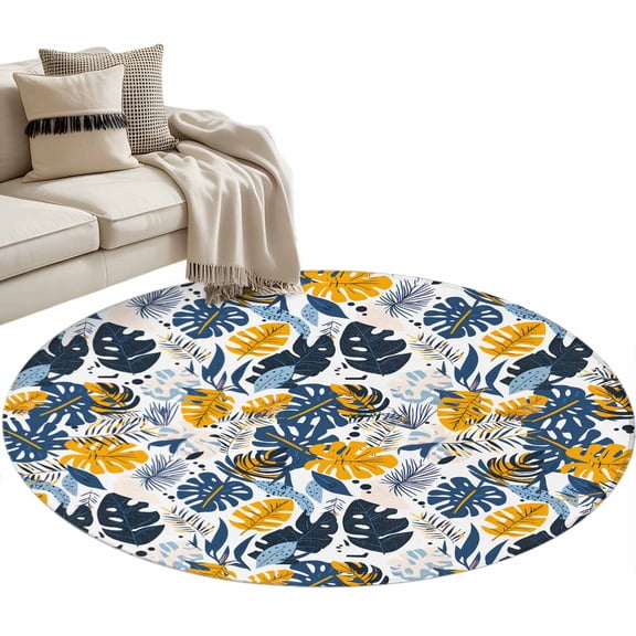 Round Area Rug 3ft, Summer Tropical Plants Non-Slip Non-Shedding Floor Mat, Pastoral Yellow Blue Leaves Washable Sturdy Carpet for Living Room Bedroom Home Decor