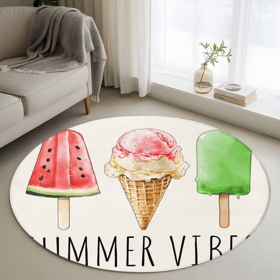 Round Area Rug 3ft,Summer Vibes Washable Carpet Non-Slip Runner Accent Rugs Indoor Floor Mat for Bedroom Living Room Decor,Watercolor Watermelon Popsicle