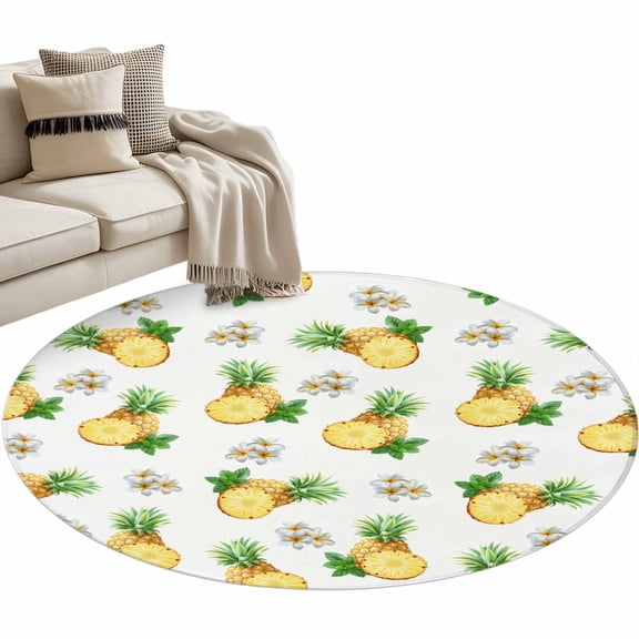 Round Area Rug-3ft Summer Watercolor Pineapple Non Slip Washable Circle Carpet Soft Large Floor Rugs for Living Room Bedroom Nursery Office