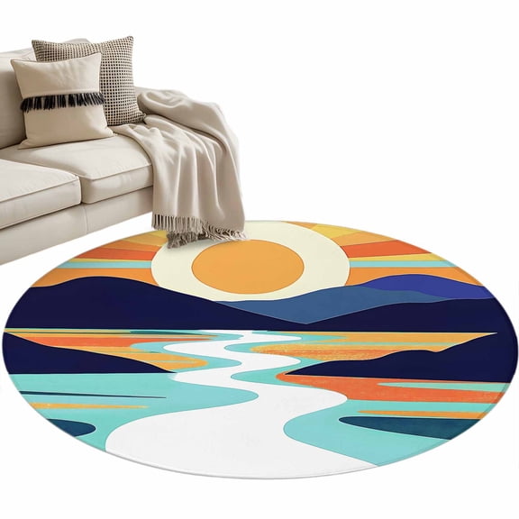 Round Area Rug-3ft Sun Mountain River Colorful Stripe Non Slip Washable Circle Carpet Soft Large Floor Rugs for Living Room Bedroom Nursery Office