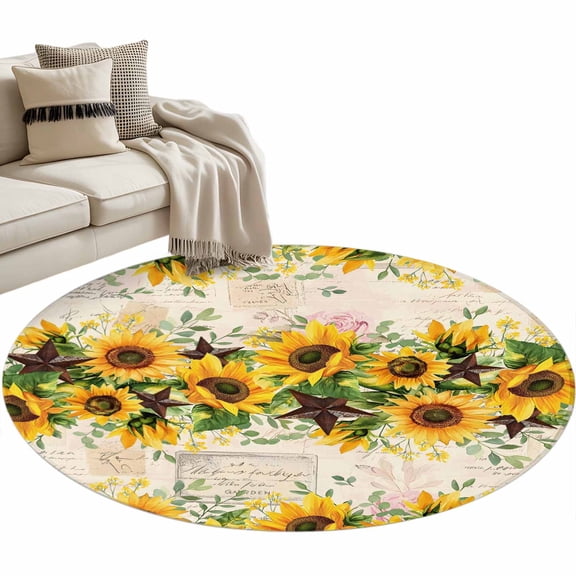 Round Area Rug 3ft Sunflower Floor Carpets Indoor Floor Area Mat Stain-Proof Mat Circle Rugs for Living Room Dining Room Kitchen Bedroom, Texas Star Vintage Sofa Throw Carpet