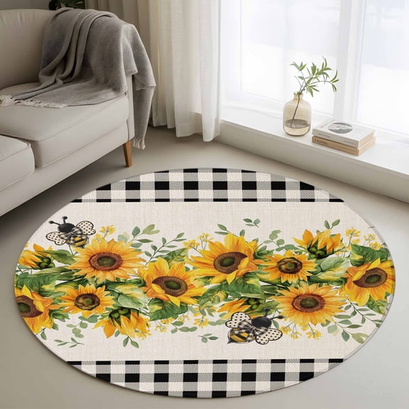 Round Area Rug 3ft, Sunflower Non-slip Area Rugs for Living Room/Bedroom/Bathroom/Kitchen, Summer Botanical Bee Rustic Black Plaid Washable Throw Floor Mat Indoor Outdoor Entrance Doormat