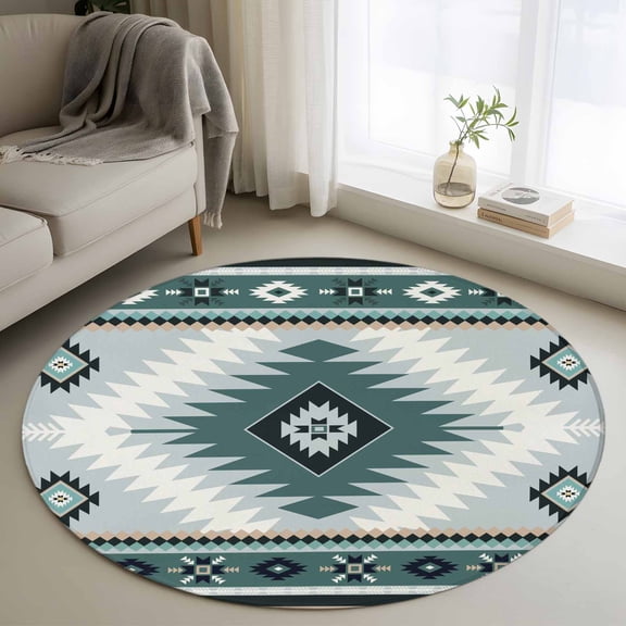 Round Area Rug 3ft, Teal Aztec Tribal Style Non-Slip Non-Shedding Floor Mat, Ethnic Southwest Native Pattern Washable Sturdy Carpet for Living Room Bedroom Home Decor