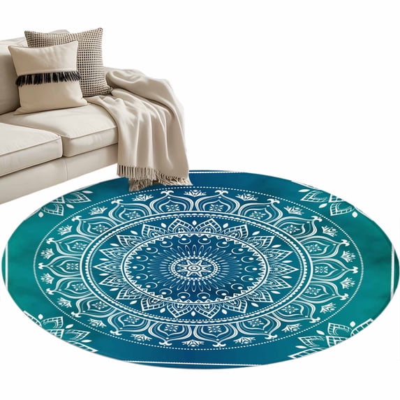 Round Area Rug 3ft Teal Blue Boho Floor Carpets Indoor Floor Area Mat Stain-Proof Mat Circle Rugs for Living Room Dining Room Kitchen Bedroom, Gorgeous Bohemian Flower Sofa Throw Carpet