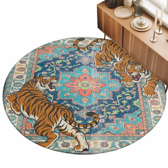 Round Area Rug 3ft Teal Blue Boho Tiger Floor Carpets Indoor Floor Area Mat Stain-Proof Mat Circle Rugs for Living Room Dining Room Kitchen Bedroom, Bohemian Animal Print Sofa Throw Carpet