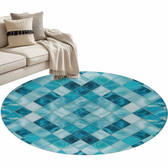 Round Area Rug 3ft Teal Blue Diamond Floor Carpets Indoor Floor Area Mat Stain-Proof Mat Circle Rugs for Living Room Dining Room Kitchen Bedroom, Modern Geometric Lines Sofa Throw Carpet