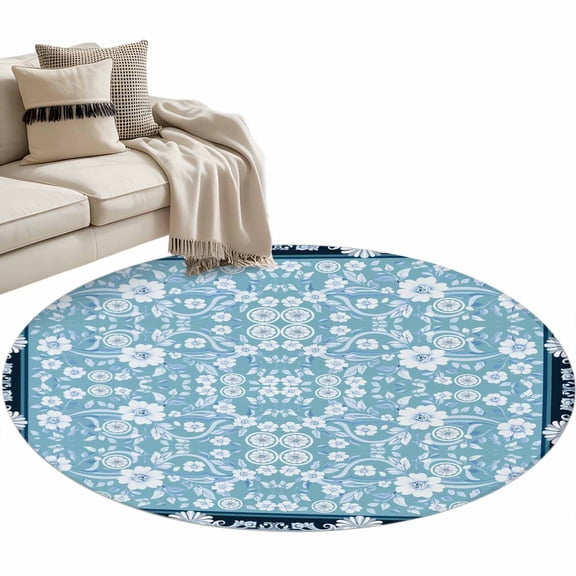 Round Area Rug 3ft Teal Blue Floral Floor Carpets Indoor Floor Area Mat Stain-Proof Mat Circle Rugs for Living Room Dining Room Kitchen Bedroom, Vintage Flower Frame Sofa Throw Carpet