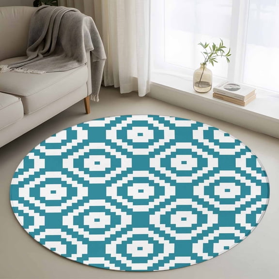 Round Area Rug 3ft Teal Blue Modern Geometric Floor Carpets Indoor Floor Area Mat Stain-Proof Mat Circle Rugs for Living Room Dining Room Kitchen Bedroom, Abstract Square Sofa Throw Carpet