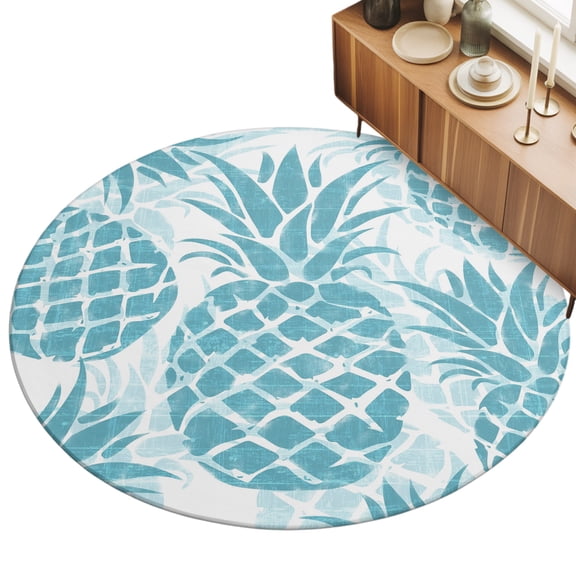 Round Area Rug 3ft Teal Blue Pineapple Floor Carpets Indoor Floor Area Mat Stain-Proof Mat Circle Rugs for Living Room Dining Room Kitchen Bedroom, Summer Tropical Fruit Leaves Sofa Throw Carpet