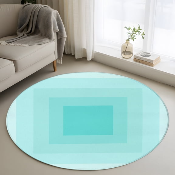 Round Area Rug 3ft Teal Gradient Color Block Square Area Rugs Washable Low Pile Floor Carpet for Bedroom, Summer Ocean Theme Non Slip Soft Rugs for Living Room Entryway Dining Room
