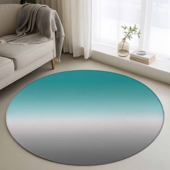 Round Area Rug 3ft, Teal Grey Ombre Non-slip Area Rugs for Living Room/Bedroom/Bathroom/Kitchen, Turquoise Gradient Modern Abstract Art Washable Throw Floor Mat Indoor Outdoor Entrance Doormat