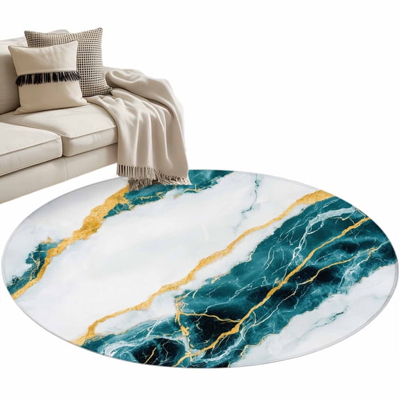 Round Area Rug 3ft Teal Marble Floor Carpets Indoor Floor Area Mat Stain-Proof Mat Circle Rugs for Living Room Dining Room Kitchen Bedroom, Gold Abstract Art Sofa Throw Carpet