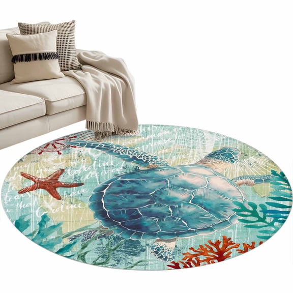 Round Area Rug 3ft Teal Sea Turtle Floor Carpets Indoor Floor Area Mat Stain-Proof Mat Circle Rugs for Living Room Dining Room Kitchen Bedroom, Anchor Coral Ocean Marine Life Sofa Throw Carpet