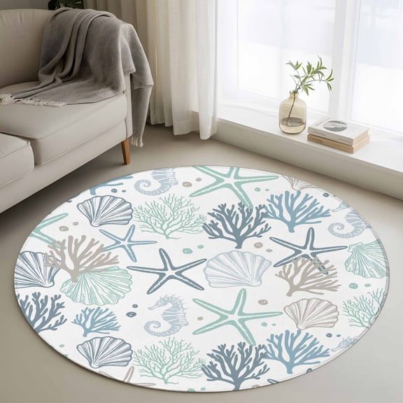 Round Area Rug 3ft Teal Starfish Circle Kitchen Mats Non-Slip Shell Coral Marine Life Washable Round Carpet for Kitchen Living Room Bedroom Home Decor