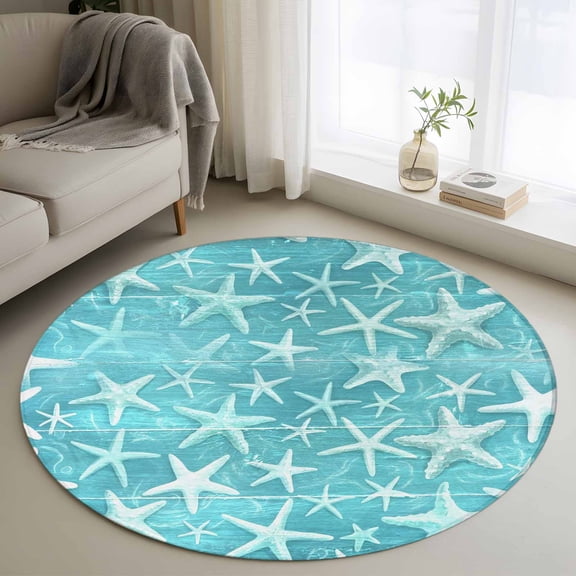 Round Area Rug 3ft Teal Starfish Floor Carpets Indoor Floor Area Mat Stain-Proof Mat Circle Rugs for Living Room Dining Room Kitchen Bedroom, Summer Ocean Wood Grain Sofa Throw Carpet