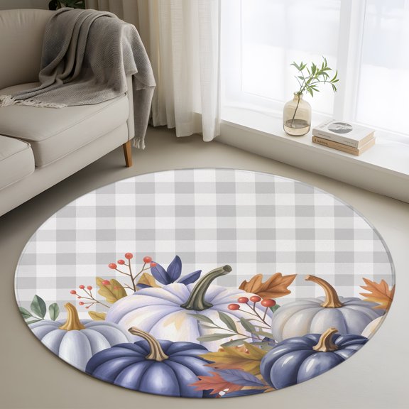 Round Area Rug 3ft Thanksgiving Blue Pumpkins Area Rugs Washable Low Pile Floor Carpet for Bedroom, Fall Maple Leaf on Plaid Non Slip Soft Rugs for Living Room Entryway Dining Room