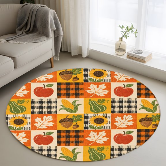 Round Area Rug 3ft Thanksgiving Fall Maple Leaves Area Rugs Washable Low Pile Floor Carpet for Bedroom, Red Apples Corn Plaid Non Slip Soft Rugs for Living Room Entryway Dining Room