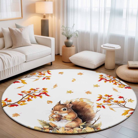 Round Area Rug - 3ft Thanksgiving Harvest Squirrel Animal Non Slip Washable Circle Carpet Soft Large Floor Rugs for Living Room Bedroom Nursery Office