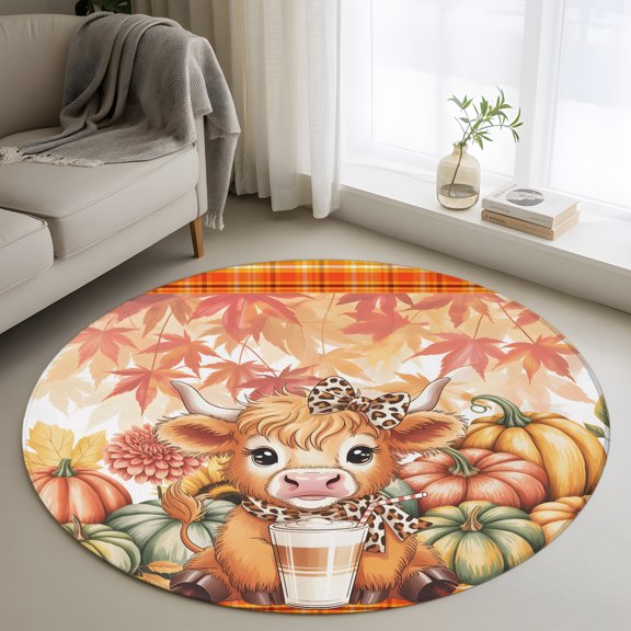 Round Area Rug 3ft Thanksgiving Highland Cattle Area Rugs Washable Low Pile Floor Carpet for Bedroom, Autumn Maple Leaf Pumpkin Plaid Non Slip Soft Rugs for Living Room Entryway Dining Room
