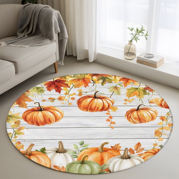 Round Area Rug 3ft, Thanksgiving Pumpkin Maple Leaf Non-Slip Non-Shedding Floor Mat, White Wood Board Washable Sturdy Carpet for Living Room Bedroom Home Decor