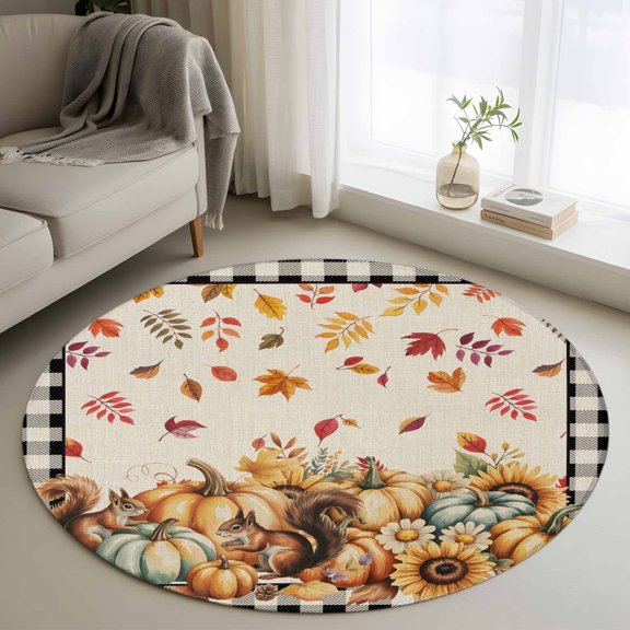 Round Area Rug 3ft Thanksgiving Pumpkins Squirrel Area Rugs Washable Low Pile Floor Carpet for Bedroom, Maple Leaves Black Plaid Non Slip Soft Rugs for Living Room Entryway Dining Room