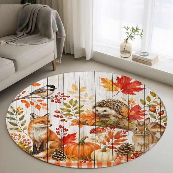 Round Area Rug 3ft, Thanksgiving Red Fox Rabbit Hedgehog Non-Slip Non-Shedding Floor Mat, Maple Leaves Washable Sturdy Carpet for Living Room Bedroom Home Decor
