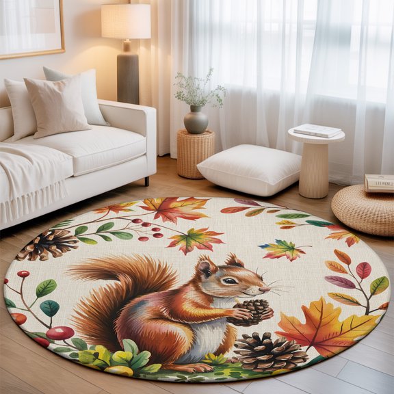 Round Area Rug - 3ft Thanksgiving Squirrel Pinecone Non Slip Washable Circle Carpet Soft Large Floor Rugs for Living Room Bedroom Nursery Office