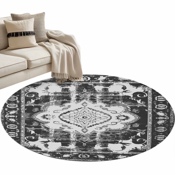 Round Area Rug 3ft, Traditional Abstract Ethnic Floral Non-Slip Non-Shedding Floor Mat, Tribal Retro Black Gray Washable Sturdy Carpet for Living Room Bedroom Home Decor