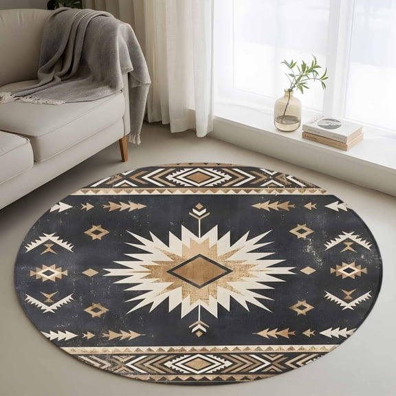 Round Area Rug 3ft, Tribal Southwestern Arrow Texture Non-Shedding Washable Area Rug, Retro Black Brown Sunburst Non Slip Low-Profile Circle Rugs for Living Room, Bedroom Dining Room