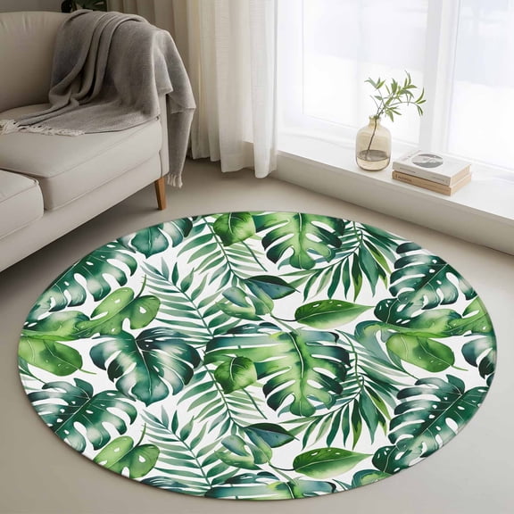 Round Area Rug 3ft, Tropical Non-slip Area Rugs for Living Room/Bedroom/Bathroom/Kitchen, Green Palm Leaf Summer Plant Washable Throw Floor Mat Indoor Outdoor Entrance Doormat