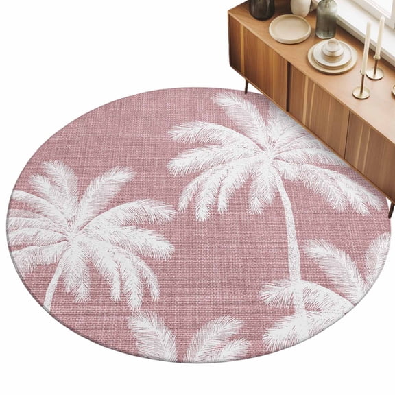 Round Area Rug 3ft Tropical Palm Trees Floor Carpets Indoor Floor Area Mat Stain-Proof Mat Circle Rugs for Living Room Dining Room Kitchen Bedroom, Pink Linen Coastal Sofa Throw Carpet