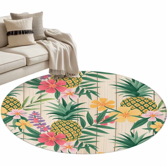 Round Area Rug - 3ft Tropical Plants Pineapple Flower Non Slip Washable Circle Carpet Soft Large Floor Rugs for Living Room Bedroom Nursery Office