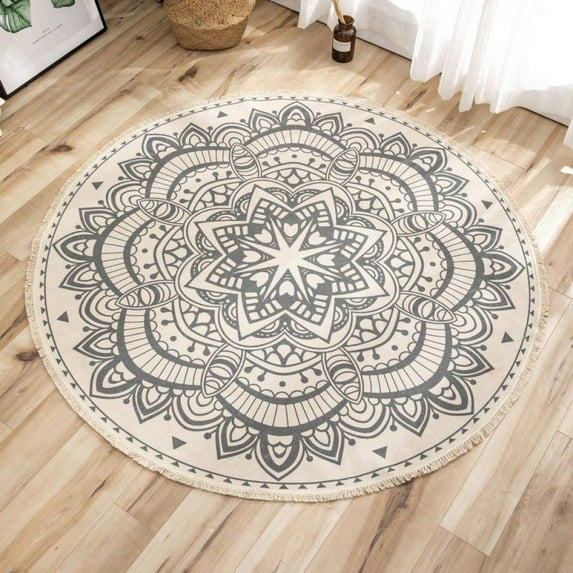 Round Area Rug 3ft Tufting Hand Woven Cream Chic Bohemian Mandala Print Tassels Door Mat,Indoor Floor Area Mat for Bedroom,Living Room,Children room