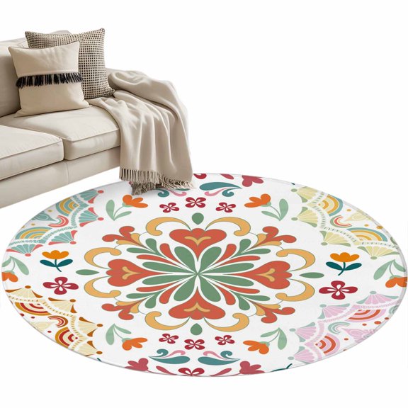 Round Area Rug 3ft Turkish Pattern Floor Carpets Indoor Floor Area Mat Stain-Proof Mat Circle Rugs for Living Room Dining Room Kitchen Bedroom, Vintage Abstract Flower Sofa Throw Carpet