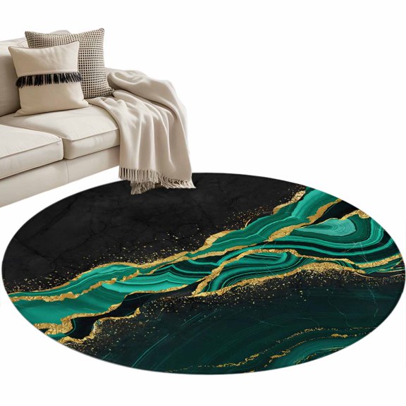 Round Area Rug 3ft Turquoise Abstract Marble Floor Carpets Indoor Floor Area Mat Stain-Proof Mat Circle Rugs for Living Room Dining Room Kitchen Bedroom, Black Malachite Gold Veins Sofa Throw Carpet