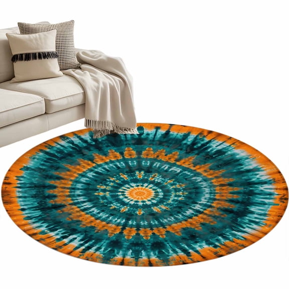Round Area Rug 3ft Turquoise Orange Tie-Dye Art Floor Carpets Indoor Floor Area Mat Stain-Proof Mat Circle Rugs for Living Room Dining Room Kitchen Bedroom, Abstract Boho Tribe Sofa Throw Carpet