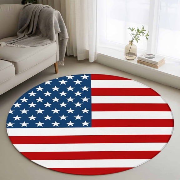 Round Area Rug 3ft,USA Flag Independence Day Washable Carpet Non-Slip Runner Accent Rugs Indoor Floor Mat for Bedroom Living Room Decor,Patriotic Stars and Stripes